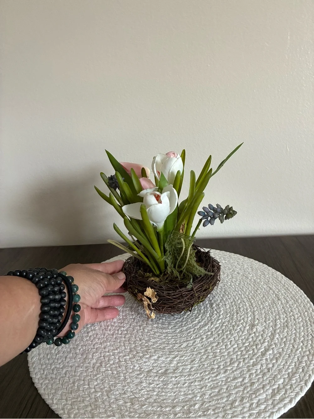 Pink & White Tulip Nest Arrangement with Green Ribbon - Home Accents